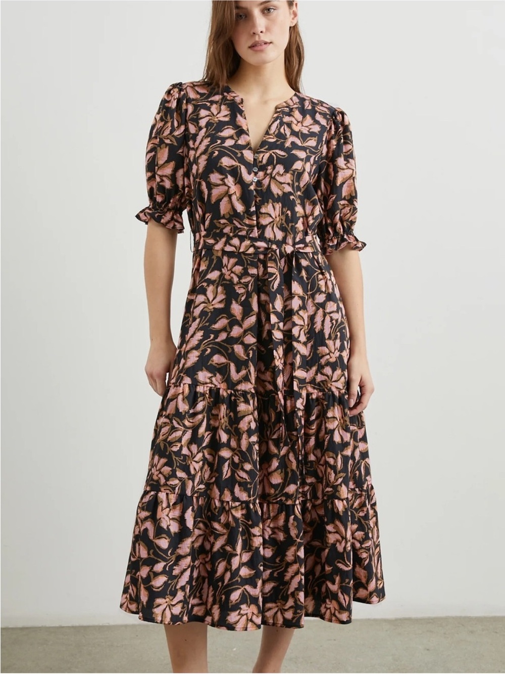 Rails Black Midi Dress with Pink & Cream Leaf Print